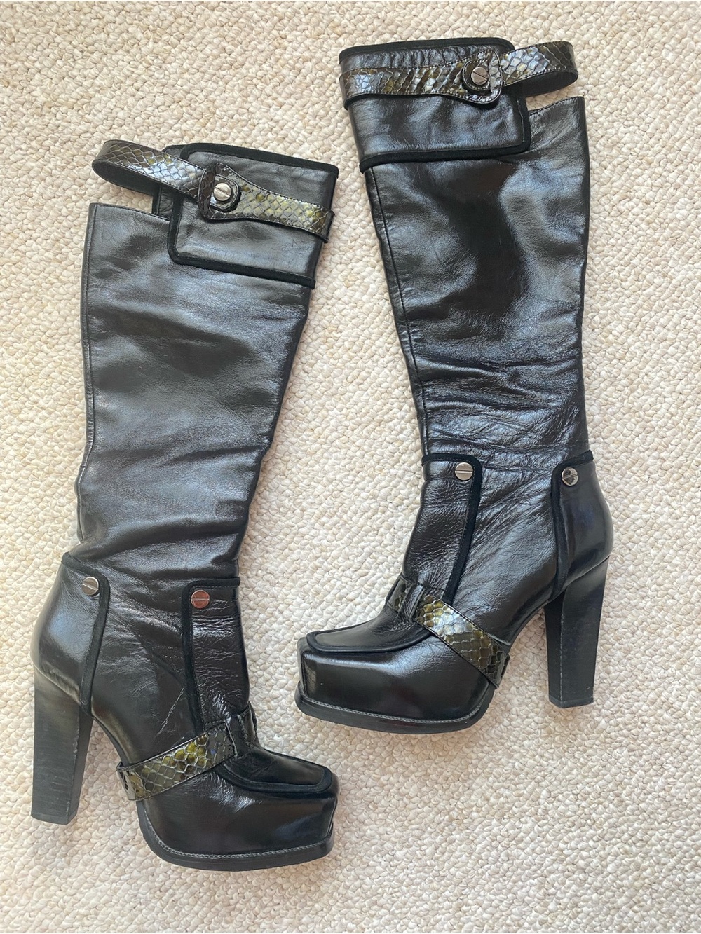 Casadei Sz 35 Black Leather Knee-High Platform Boots with Olive Snakeskin Trim